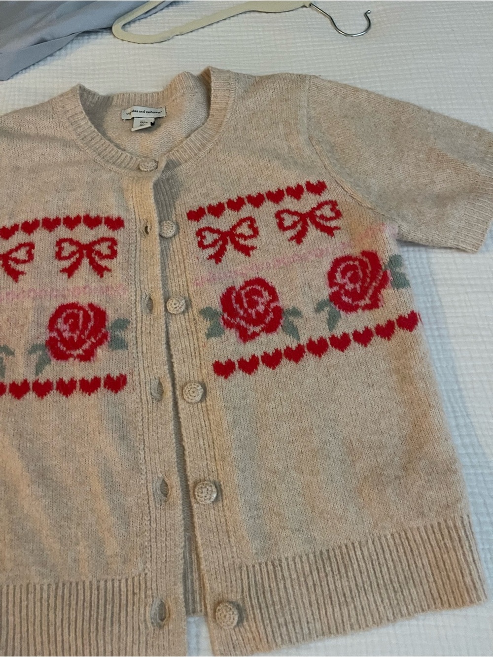 cupcakes & cashmere Beige Cardigan with Red Rose and Bow Motif